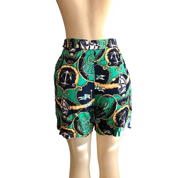 Vintage high rise shorts size XS 1990s women fashion nautical print in Green gol - Picture 5 of 9